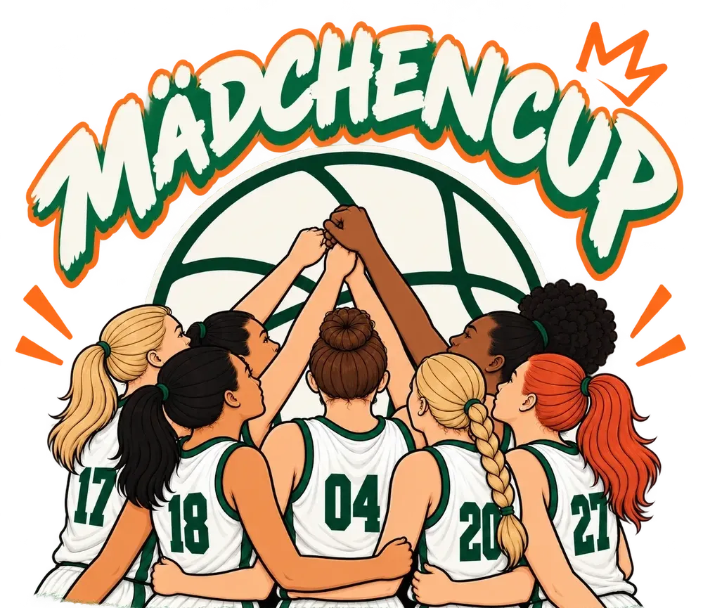 Zeichnung: Über dem Schriftzug „Mädchencup“ ein großer Basketball, davor stehen Mädchen in weißen Trikots mit den Nummern 17, 18, 04, 20 und 27 im Kreis, von hinten gesehen, und strecken die Fäuste gemeinsam nach oben.